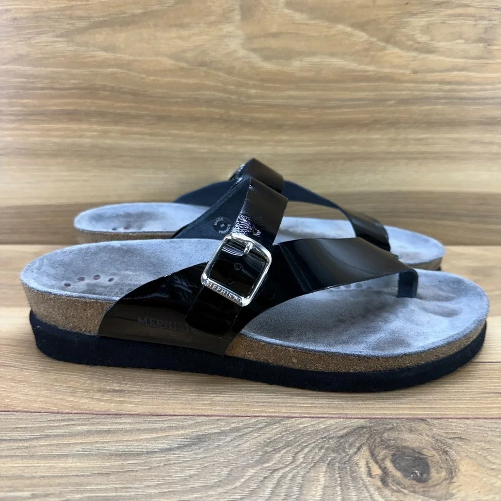 Mephisto Helen Sandals Womens 7 EU 37 Black Patent Leather Travel Vacation Walk